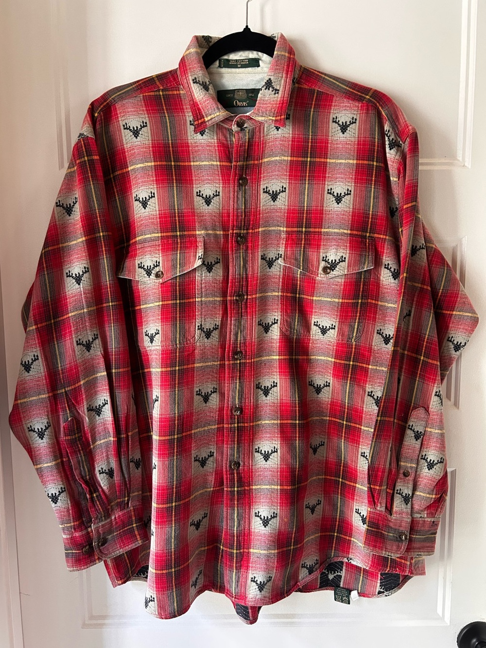 Vintage Orvis Men’s M Red Plaid Deer Jacquard Flannel Shirt 100% Cotton Cabincor
